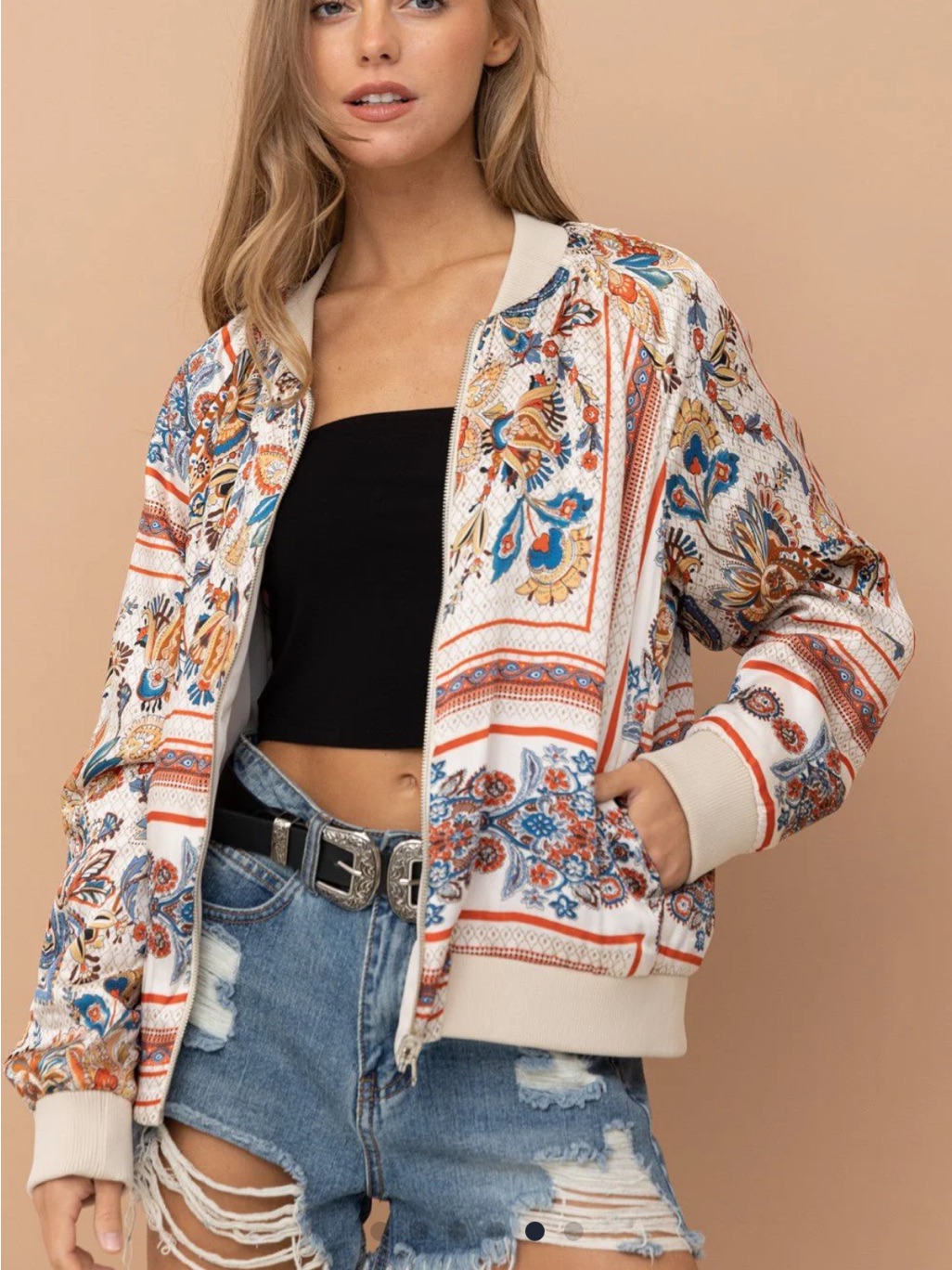 Blue B Collection Womenâs Cream & Colorful Print Reversible Bomber Jacket M